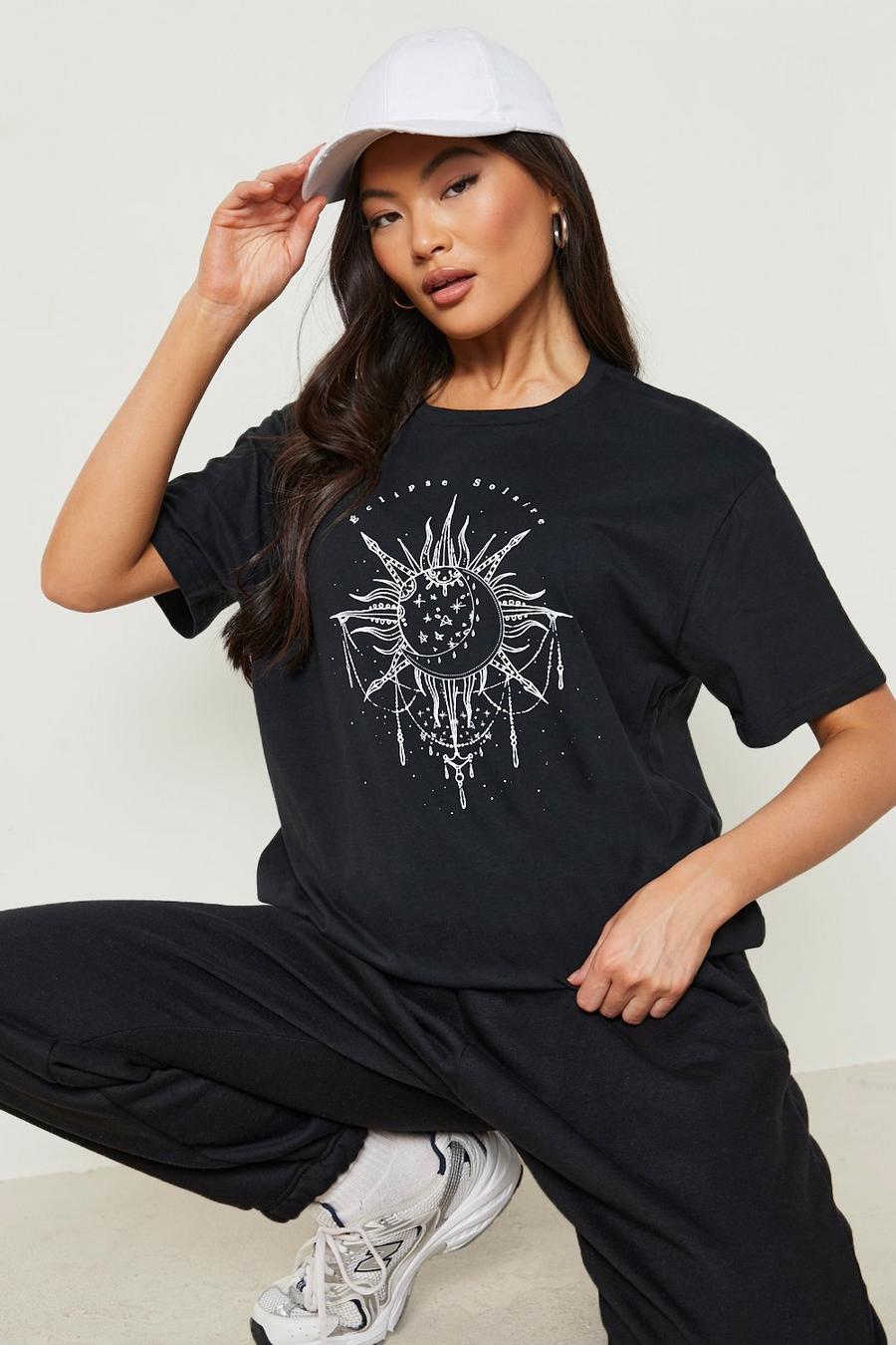 Black svart Sun and Moon Slogan T-Shirt