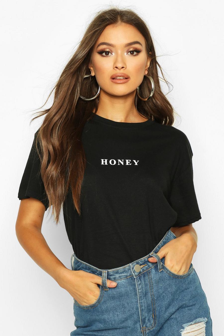 T-Shirt mit Honey-Mikro-Slogan, Schwarz image number 1