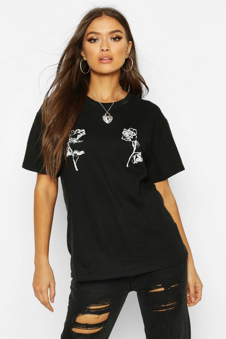 Zwart T-shirt met dubbele rozenprint image number 1