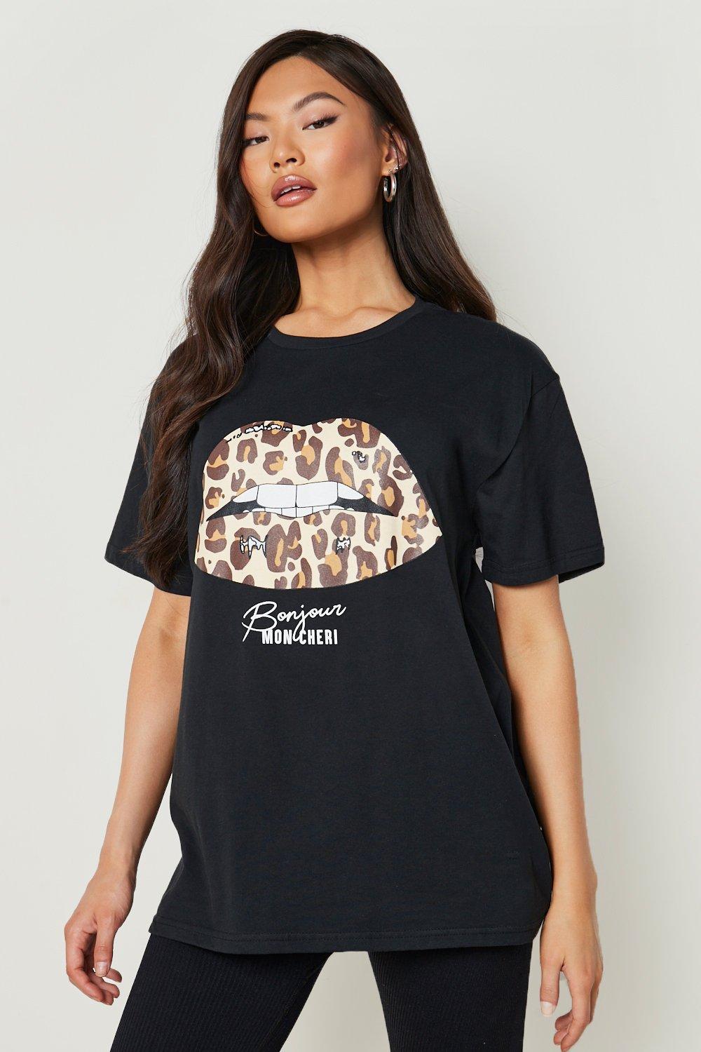 Luipaardprint Lippen T Shirt Met Tekst