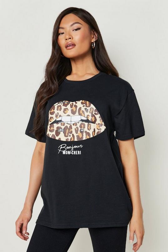 Women's Black Leopard Lips Slogan T-Shirt | Boohoo UK