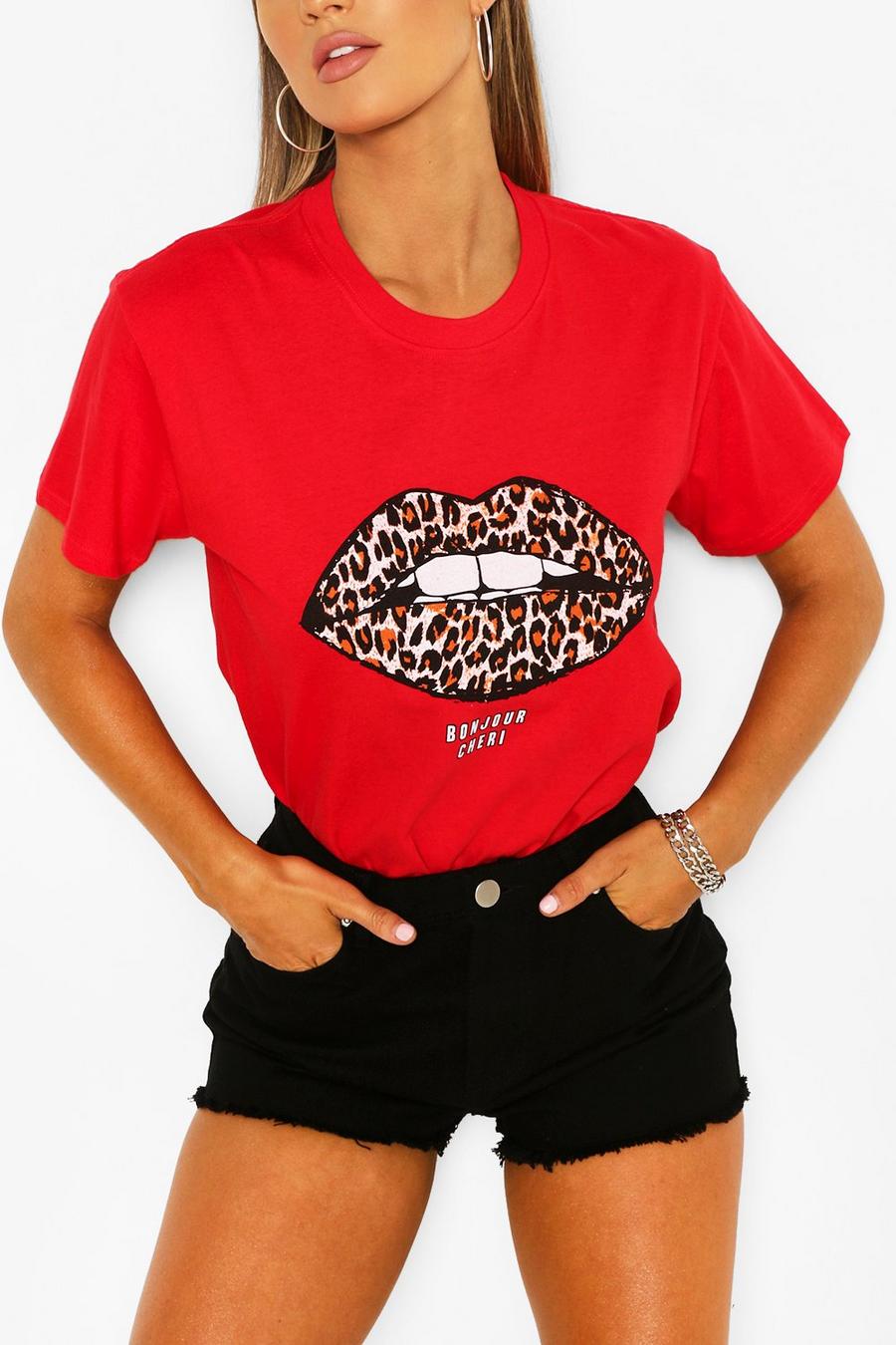 Red Leopard Lips Graphic T-Shirt image number 1