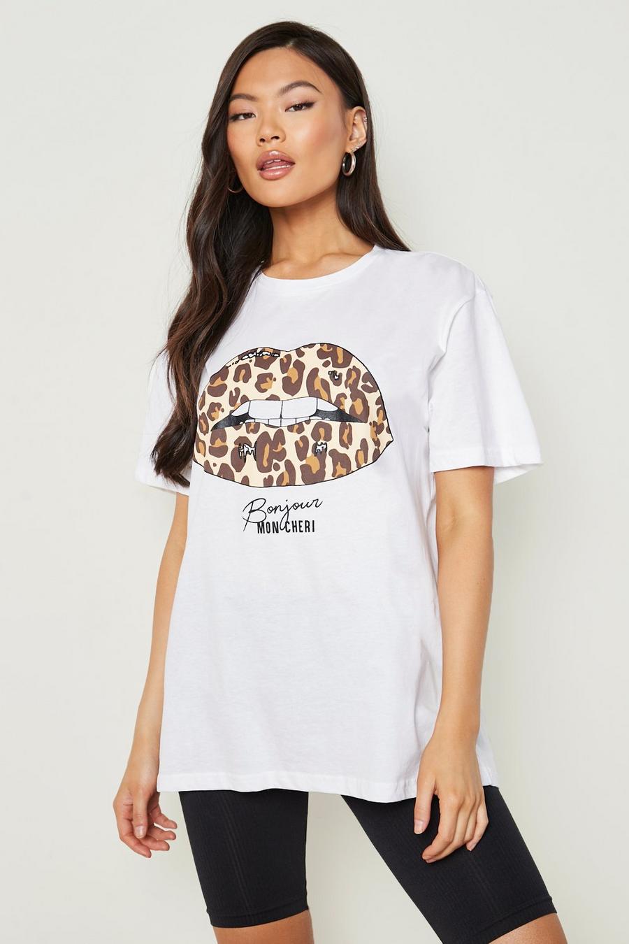 T-Shirt mit Leopardenprint Lippen-Slogan, Weiß