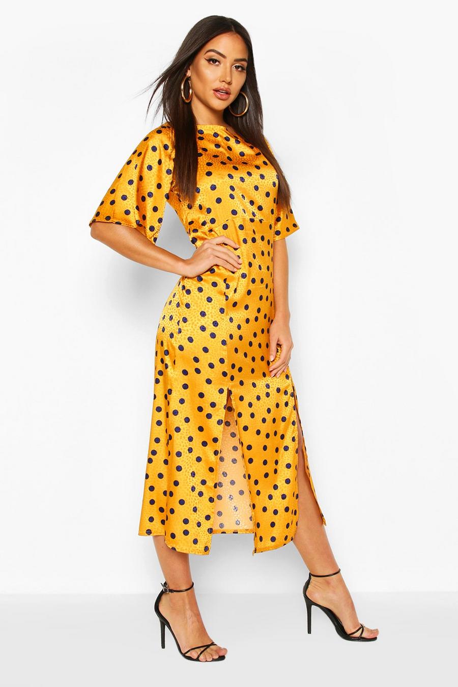 Mustard Satin Spot Curved Waist Midaxi Dress image number 1