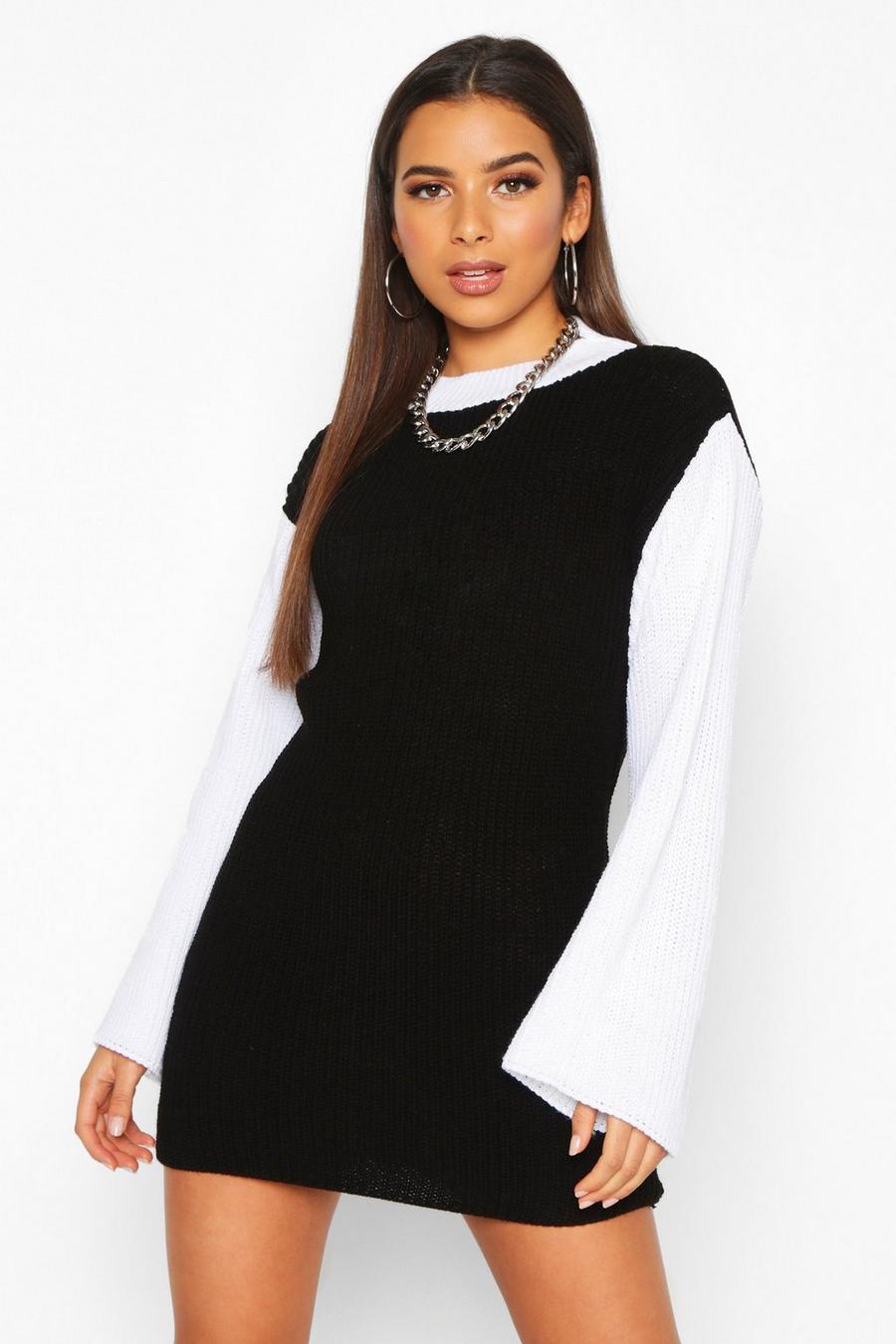 Black Colour Block Knitted Jumper Dress image number 1