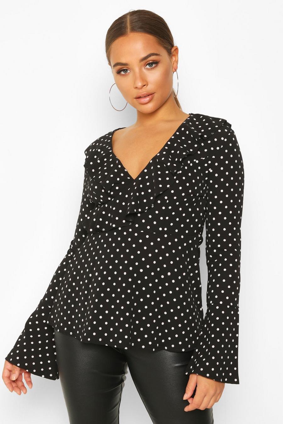 Woven Polka Dot Wrap Over Ruffle Blouse image number 1
