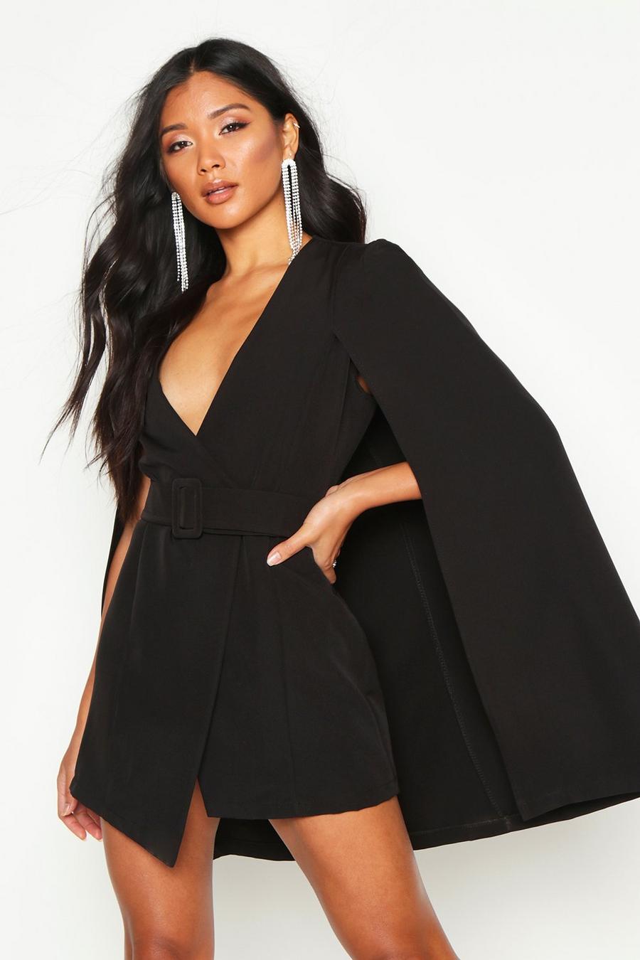 Black Belted Cape Detail Blazer Dress image number 1