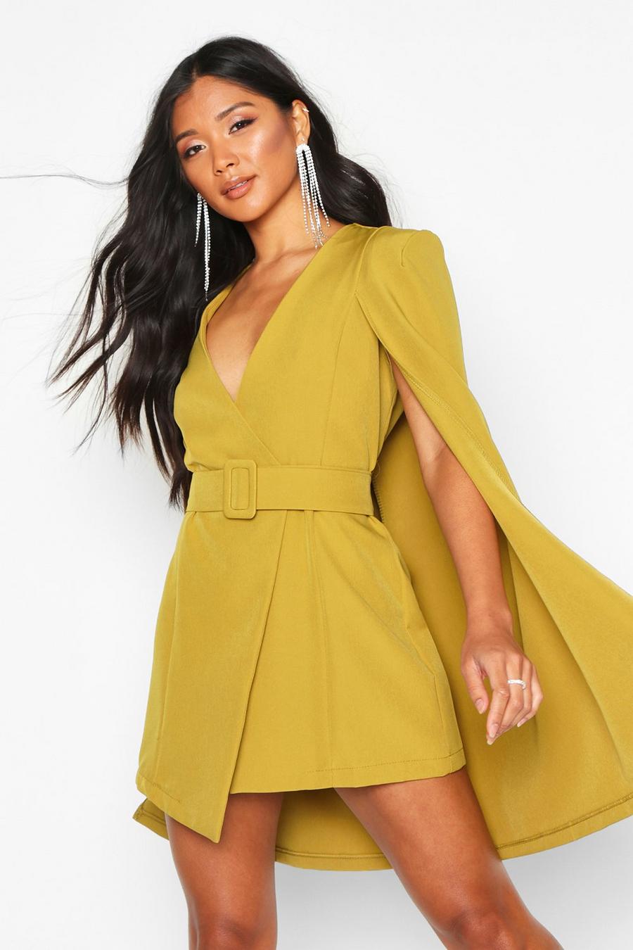 Chartreuse Belted Cape Detail Blazer Dress image number 1