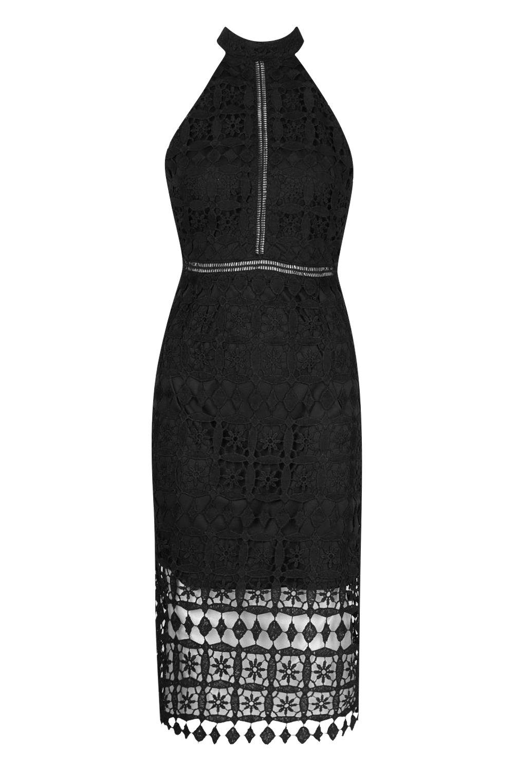 black lace crochet high neck midi dress