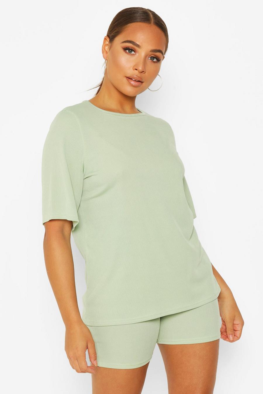 Conjunto de camiseta ancha y culotte de ciclista, Verde salvia image number 1