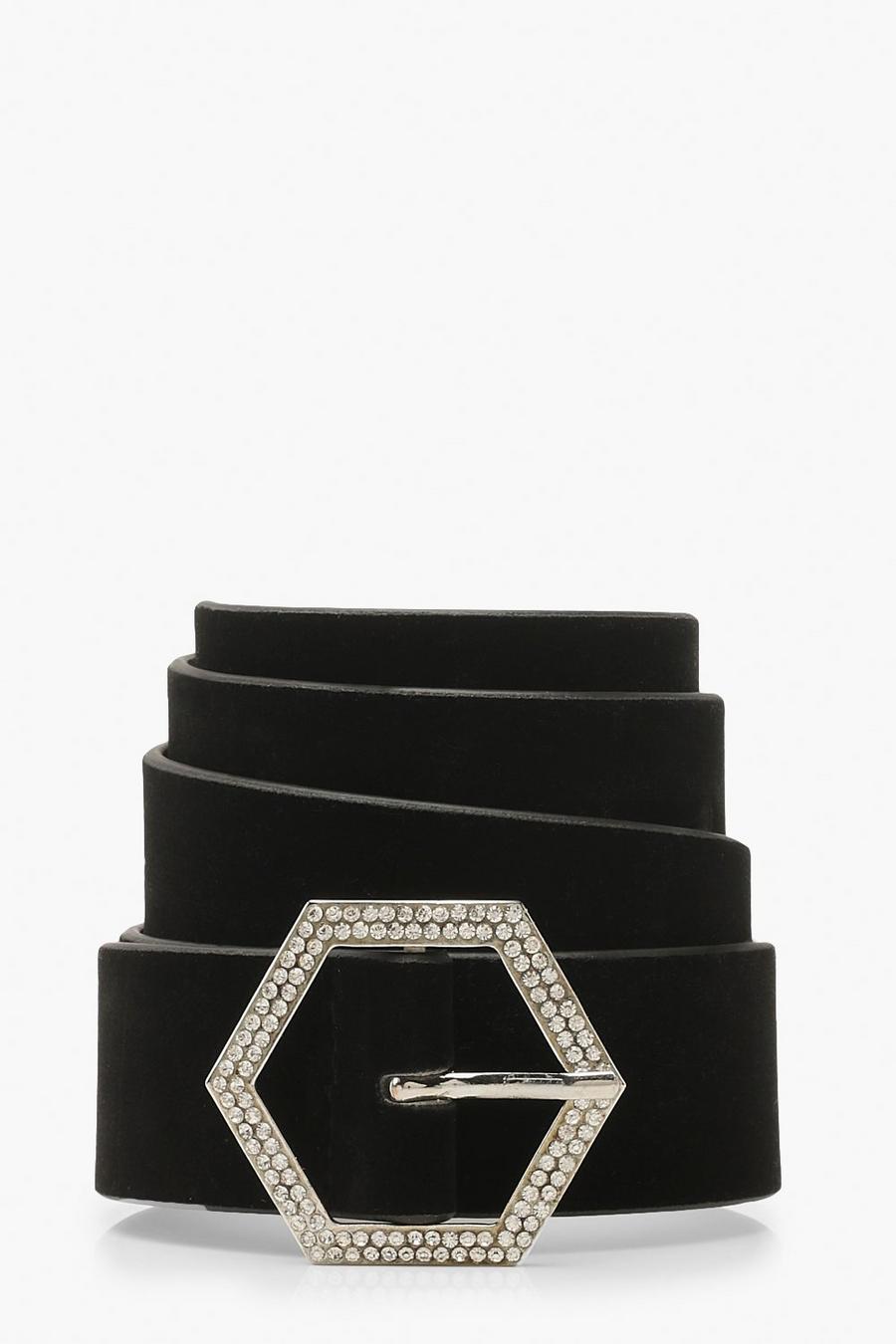 Cinturón con hebilla de antelina y diseño hexagonal Diamante image number 1