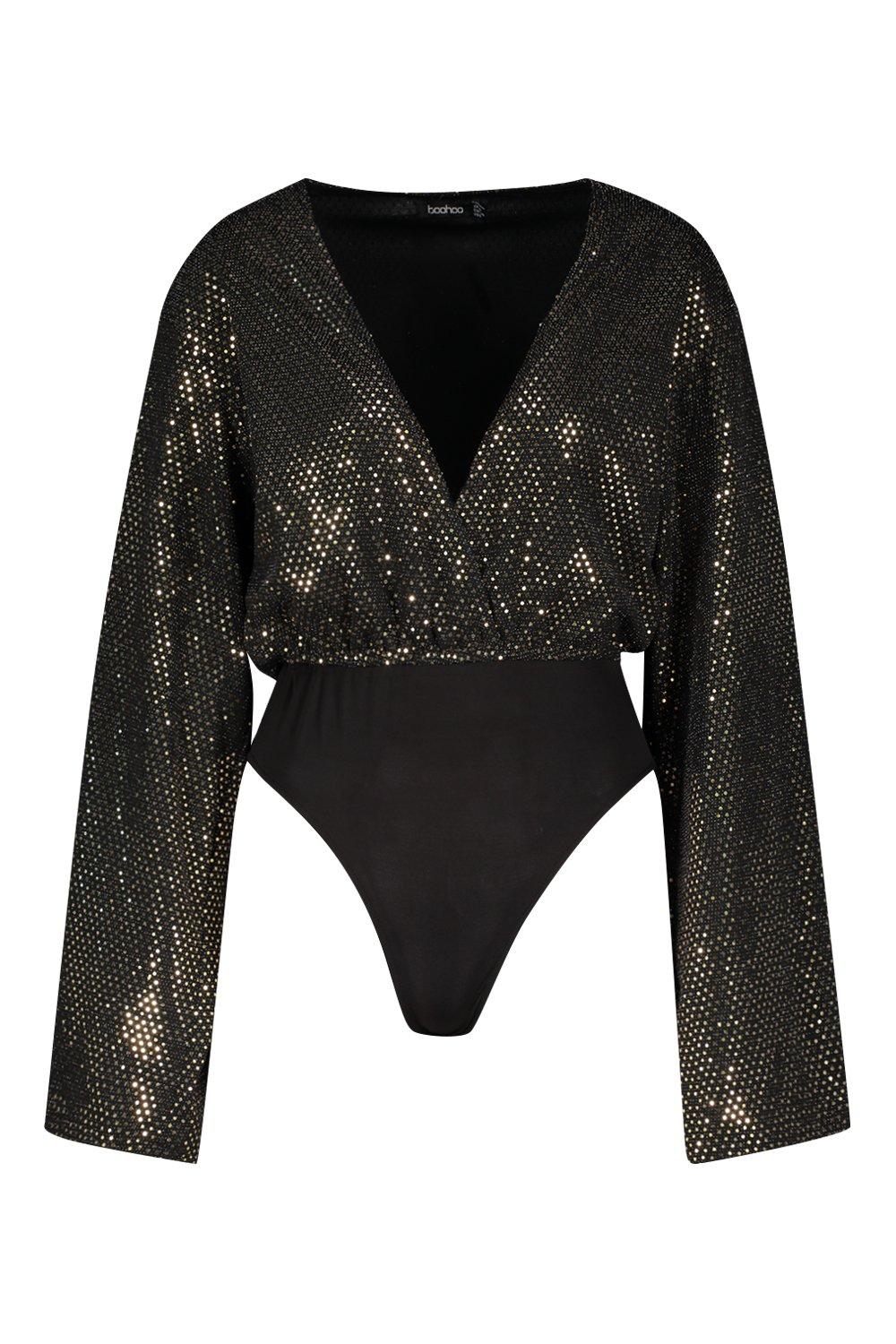 Suncolour Women V Neck Sequin Bodysuit Black Sparkle Sequin