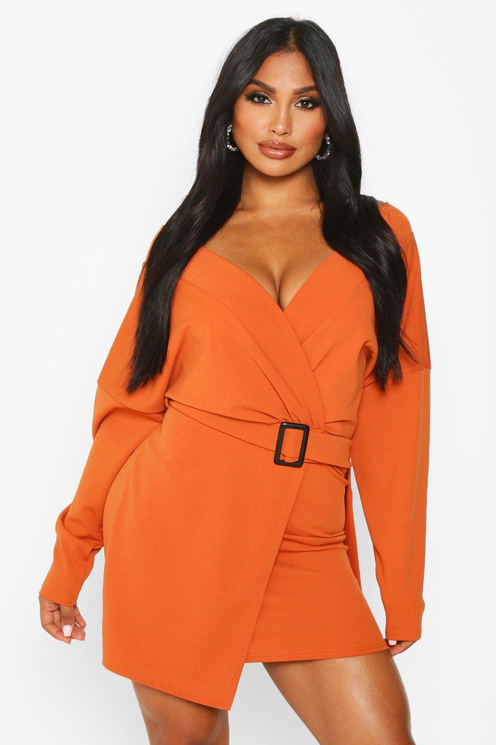 orange belted blazer dress