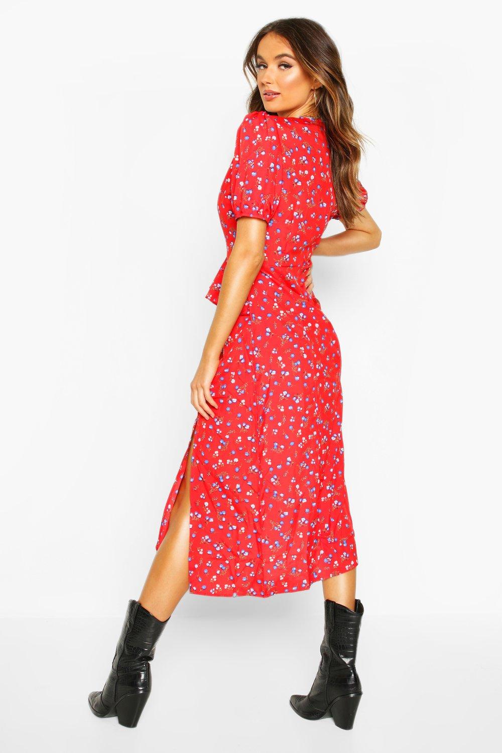Robe Midi boutonnee devant imprime fleuri fendue