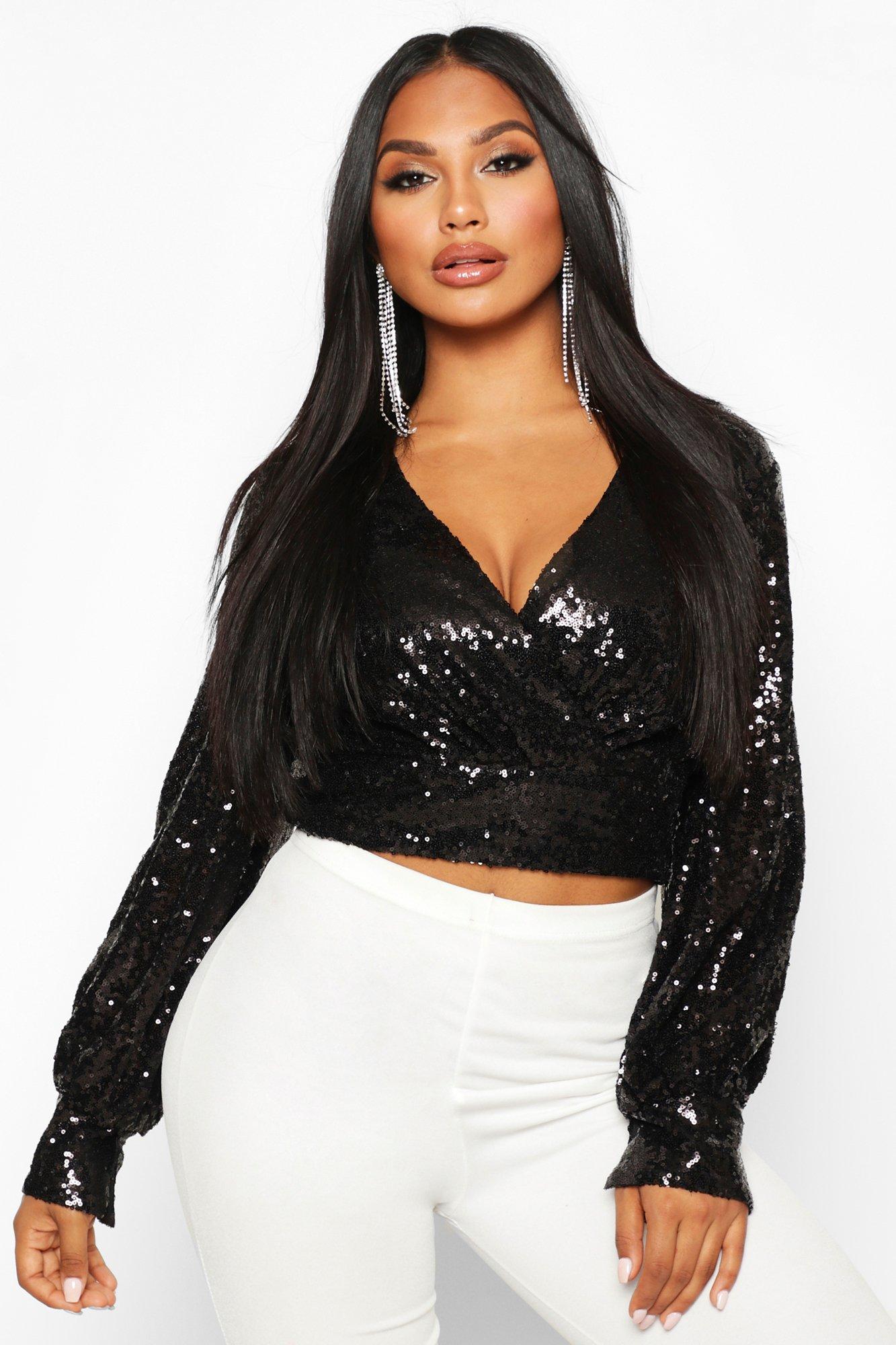 black sequin wrap top