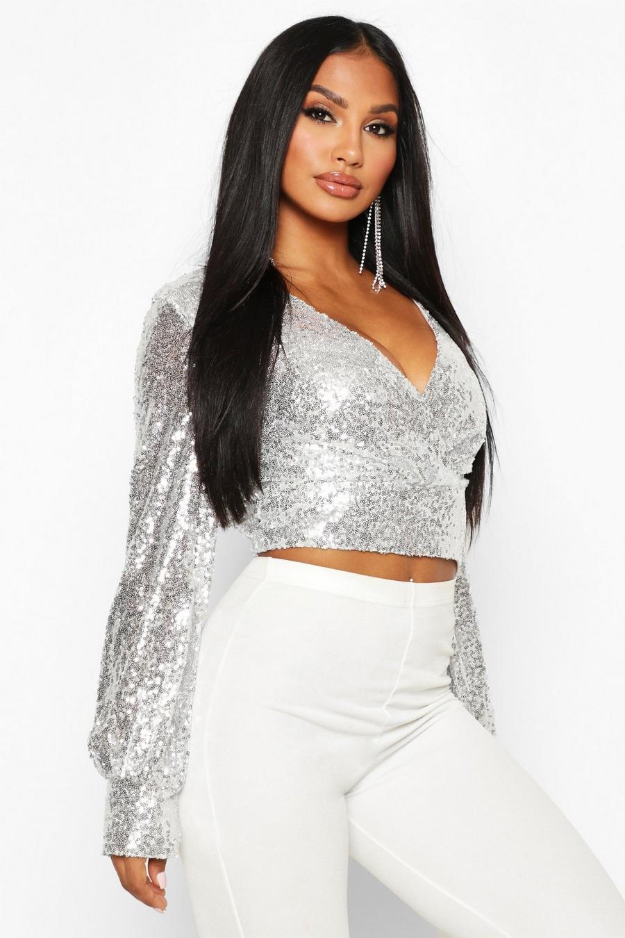 Silver Sequin Wrap Balloon Sleeve Crop Top image number 1