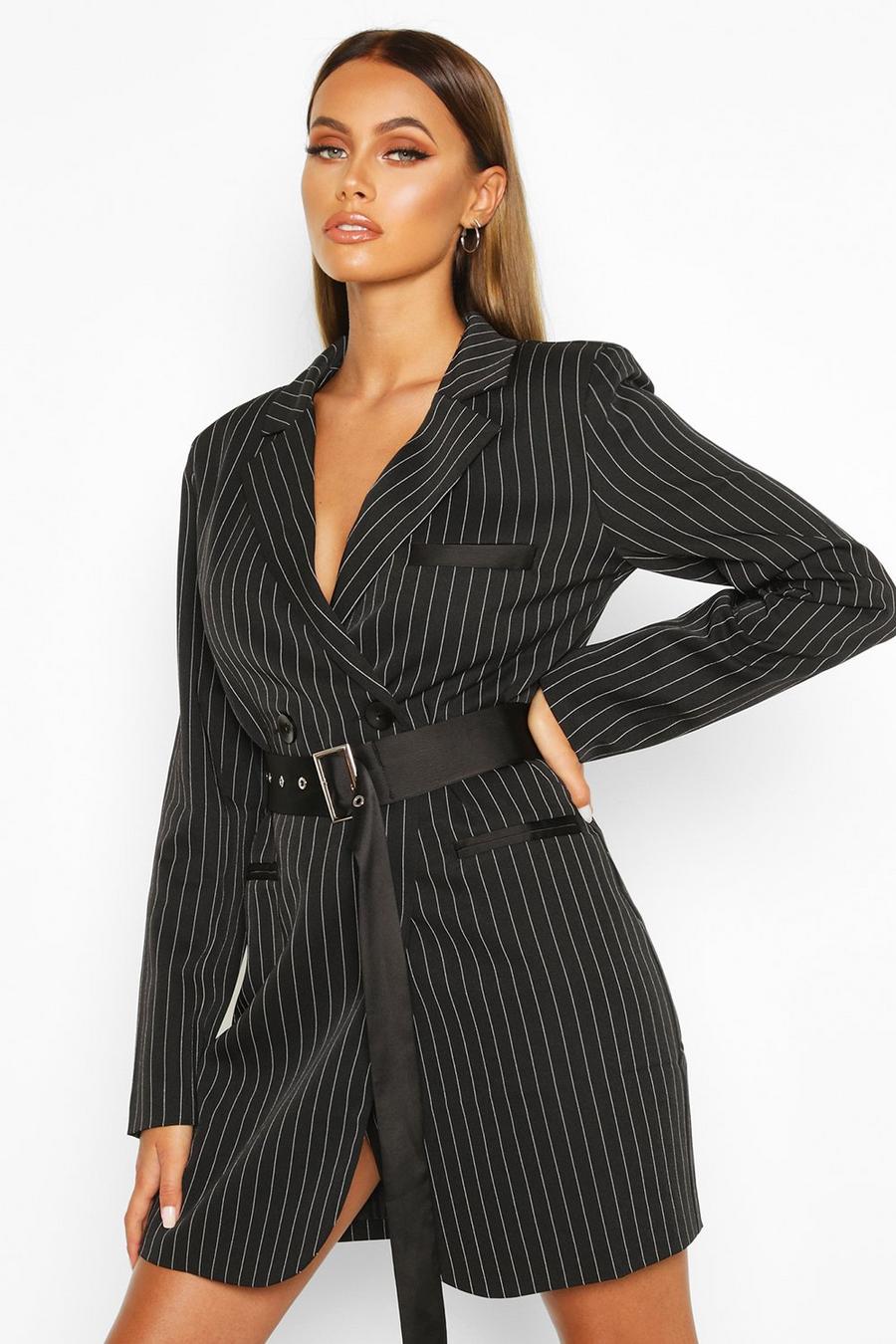 Black Pinstripe Belted Blazer Dress image number 1
