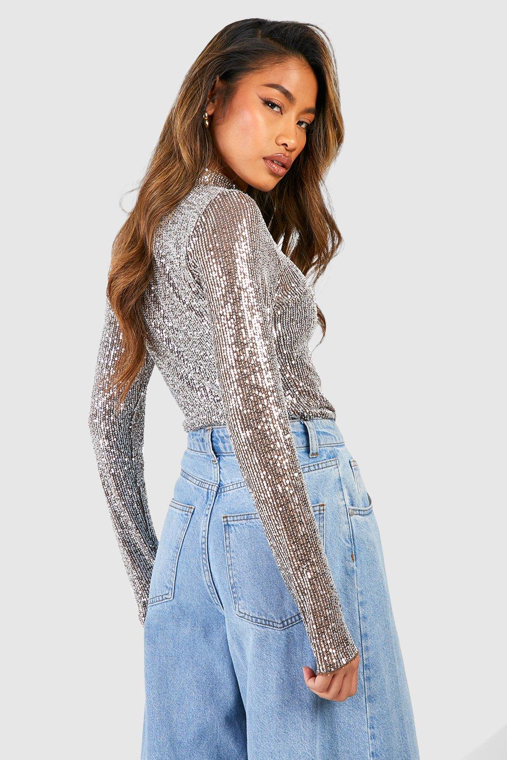 Sequin High Neck Long Sleeved Top