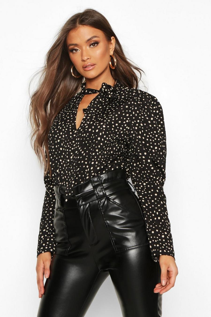 Black Spot Print Puff Sleeve Blouse image number 1