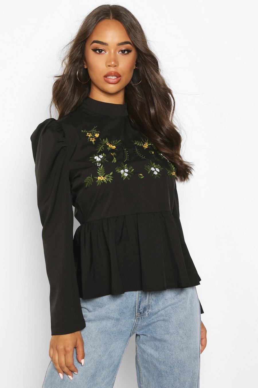Embroidered High Neck Puff Sleeve Peplum Top image number 1