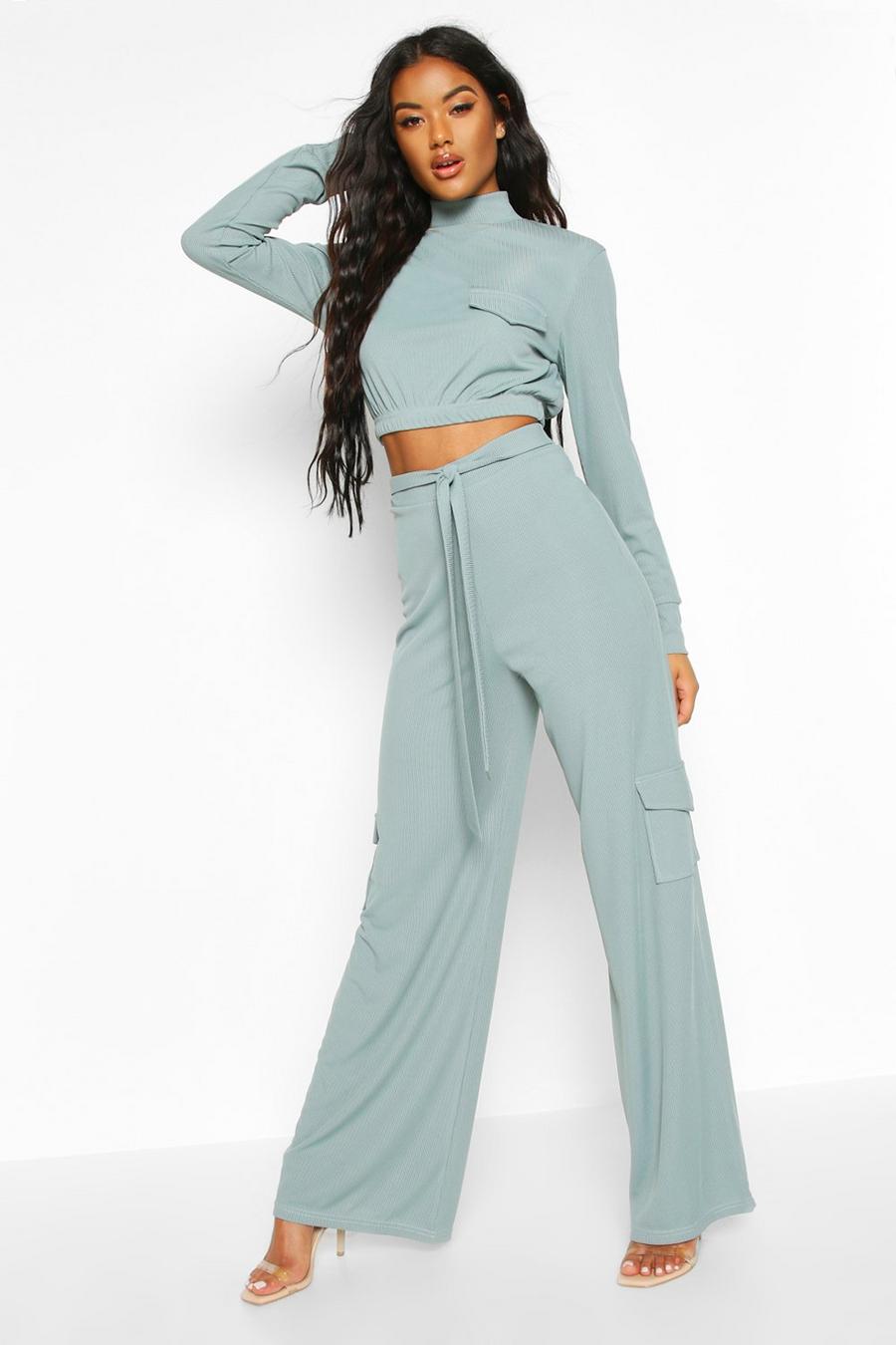 Tie Waist Cargo Pocket Wide Leg Ribbed Trousers image number 1