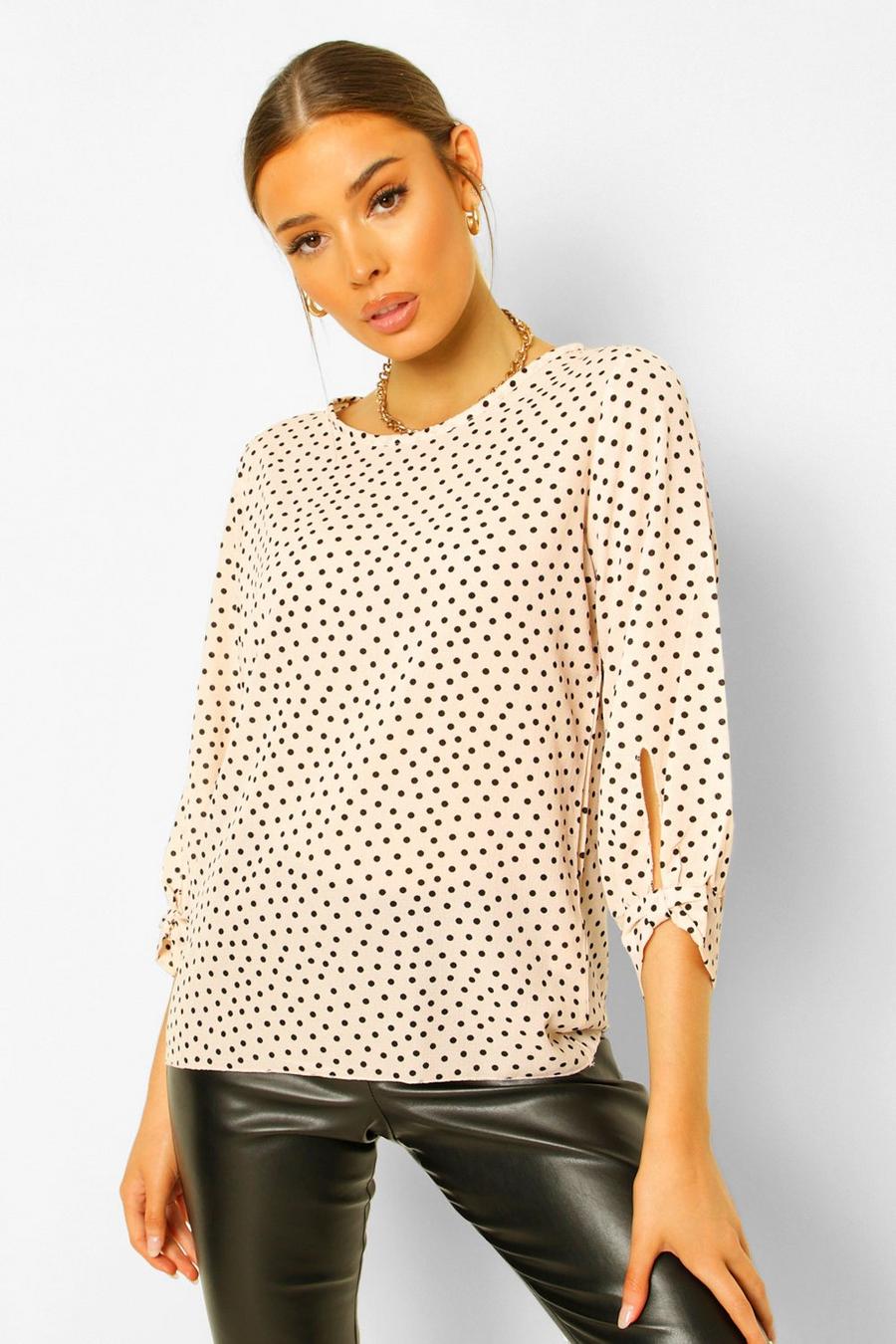 Natural beige Polka Dot Bow Sleeve Woven Blouse image number 1