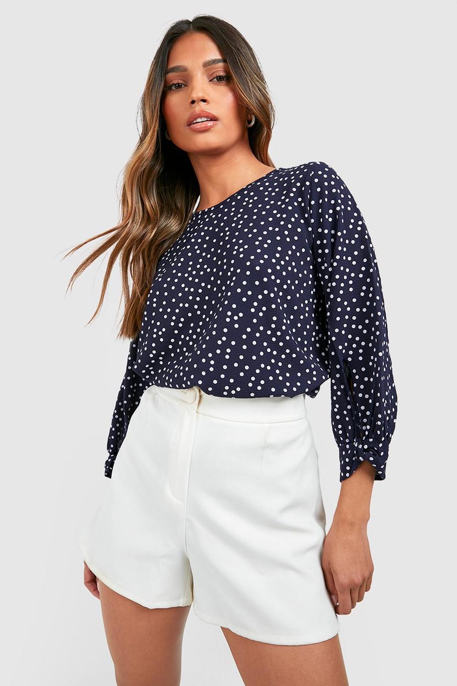 Navy Geweven Blouse Met Mouwstrikjes En Stippen