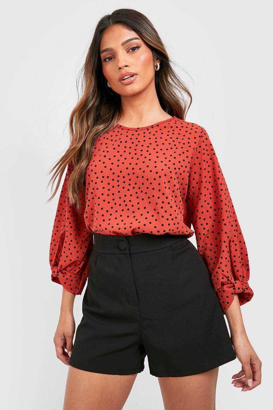 Rust Polka Dot Bow Sleeve Woven Blouse image number 1