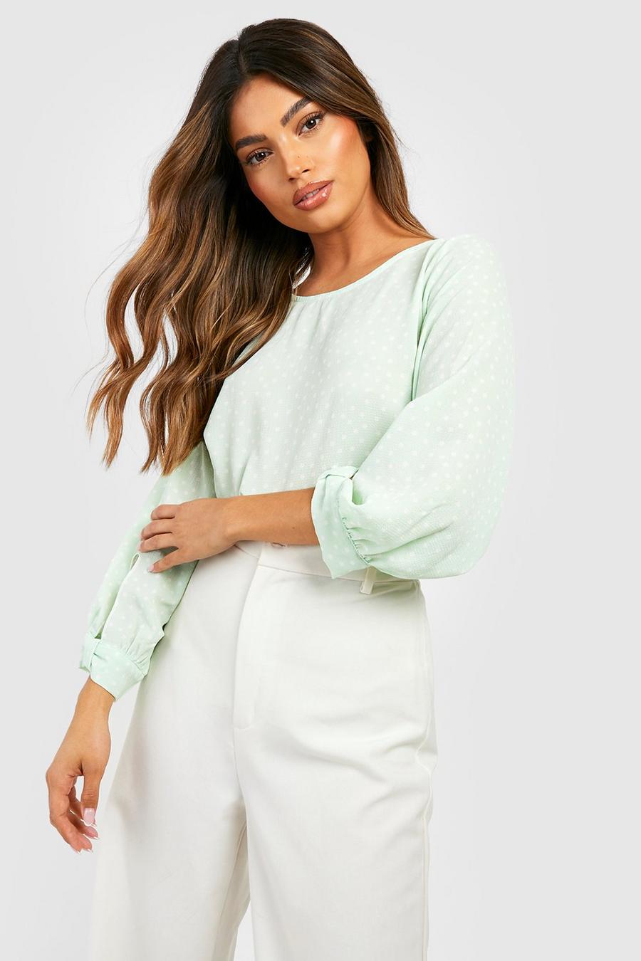 Sage Polka Dot Bow Sleeve Woven Blouse image number 1