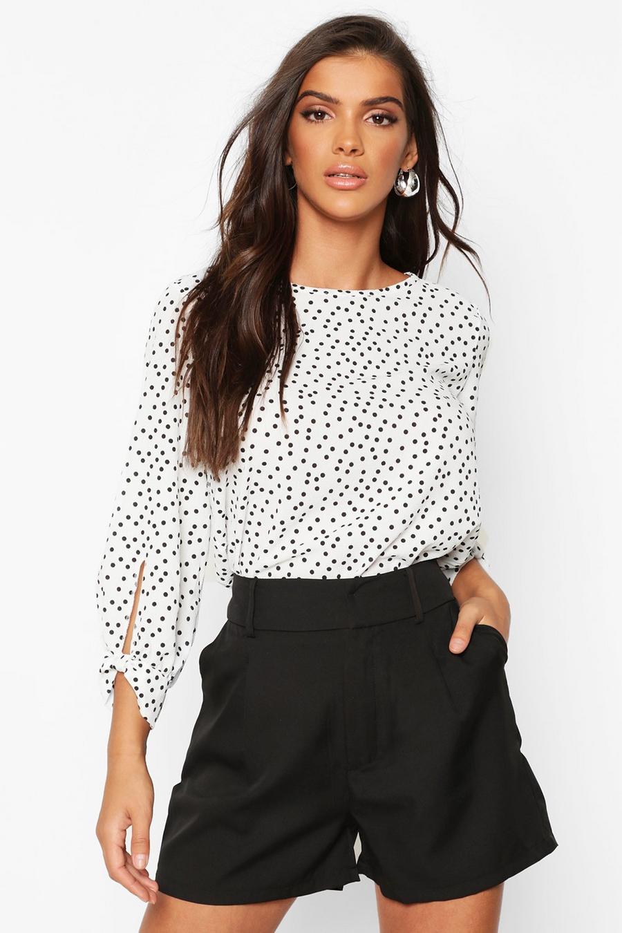 White Polka Dot Bow Sleeve Woven Blouse image number 1