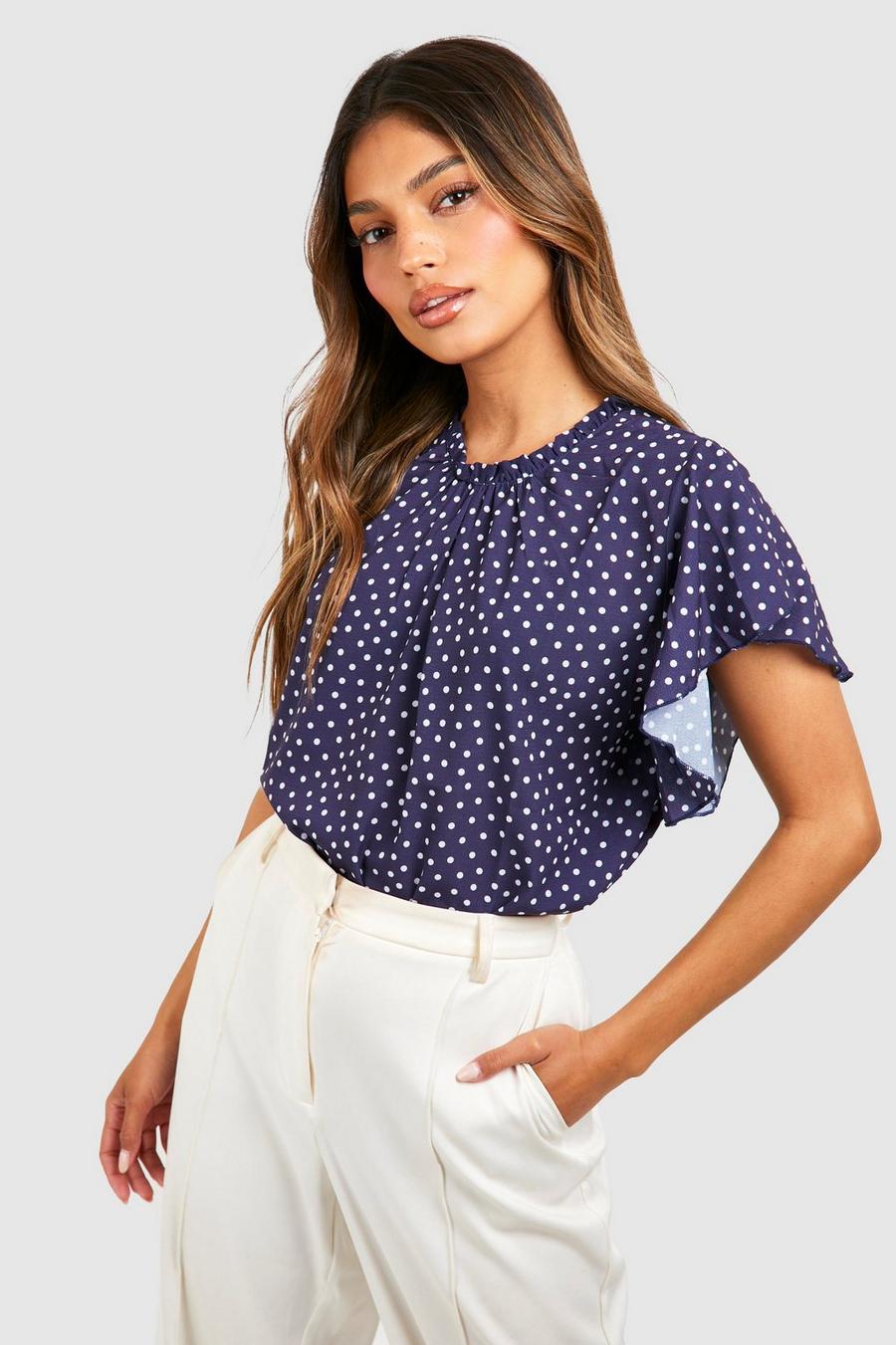 Blusa a pois con volant sulle maniche, Navy image number 1