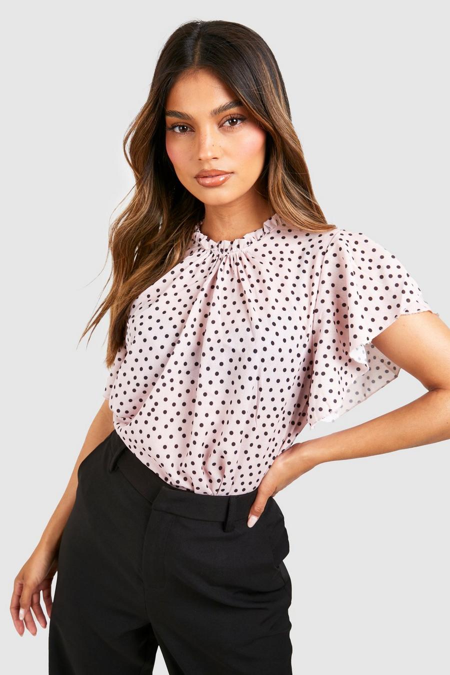 Blusa a pois con volant sulle maniche, Pink image number 1