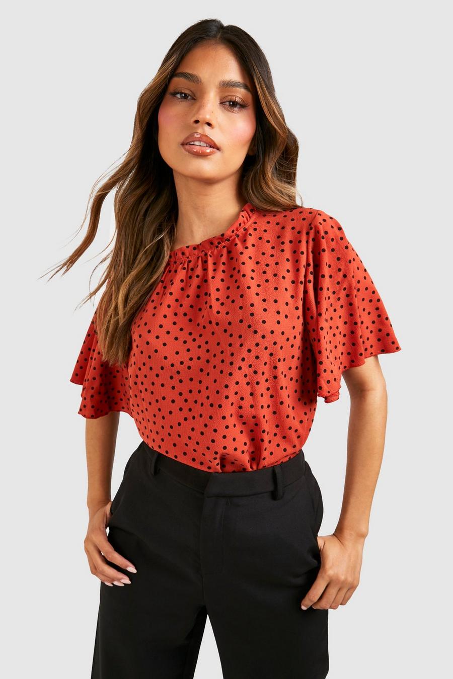 Rust Polka Dot Frill Sleeve Woven Blouse image number 1