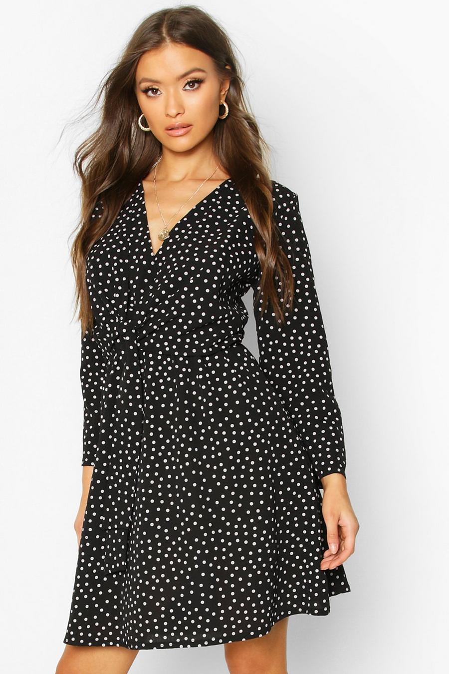 Black Polka Dot Woven Knot Front Wrap Dress image number 1