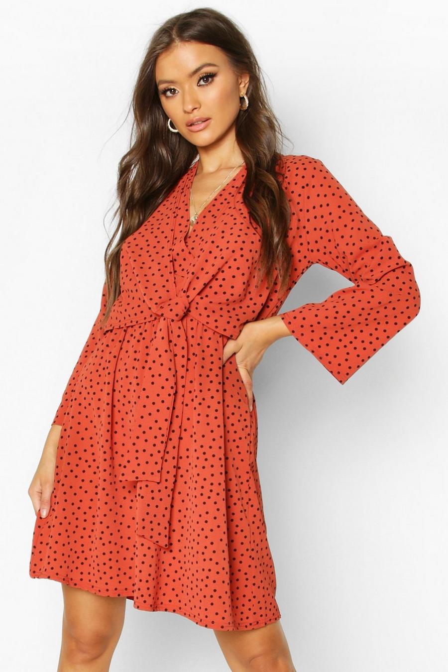 Rust Polka Dot Woven Knot Front Wrap Dress image number 1