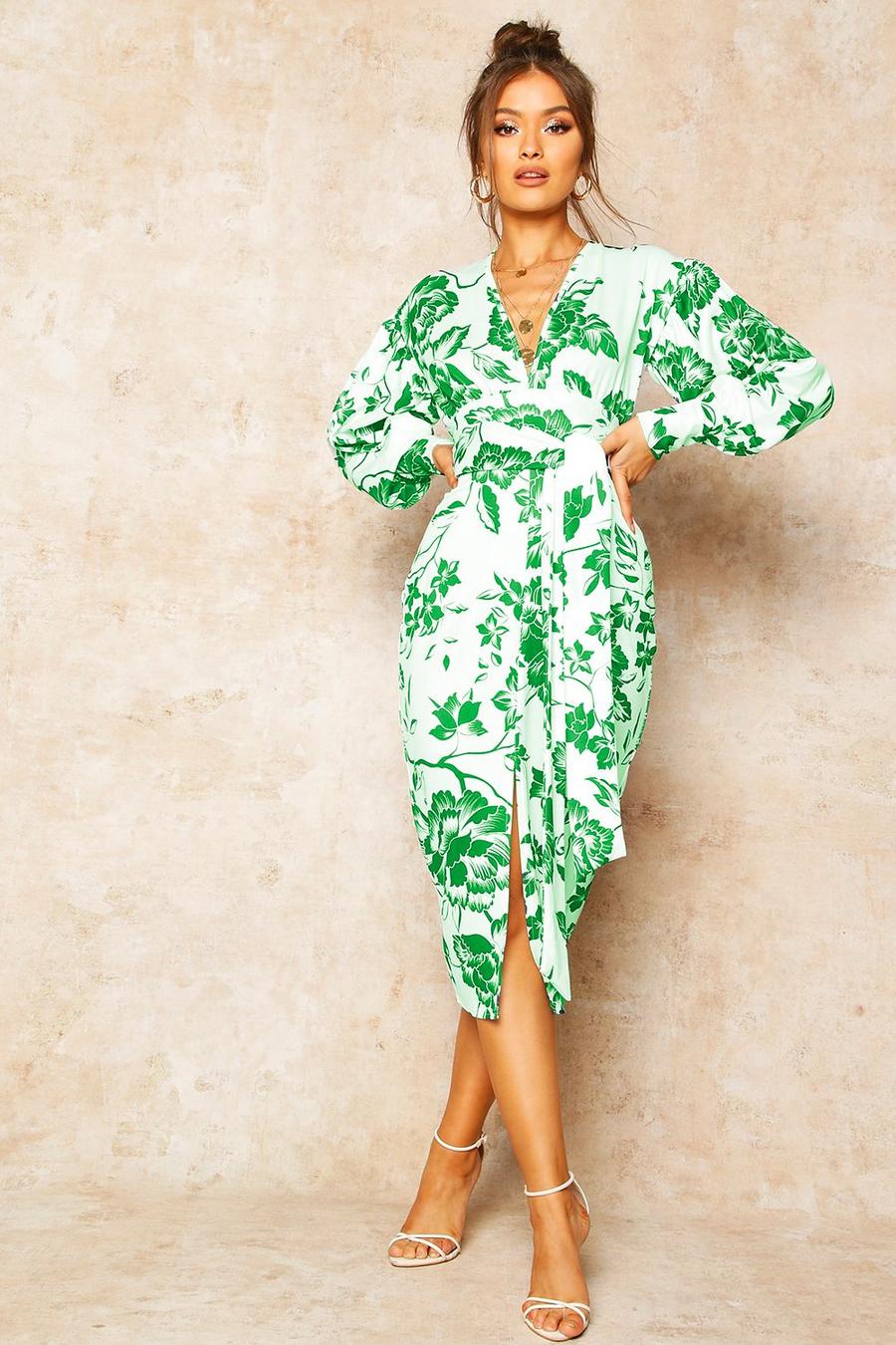 Green verde Floral Print Plunge Tie Waist Midi Dress