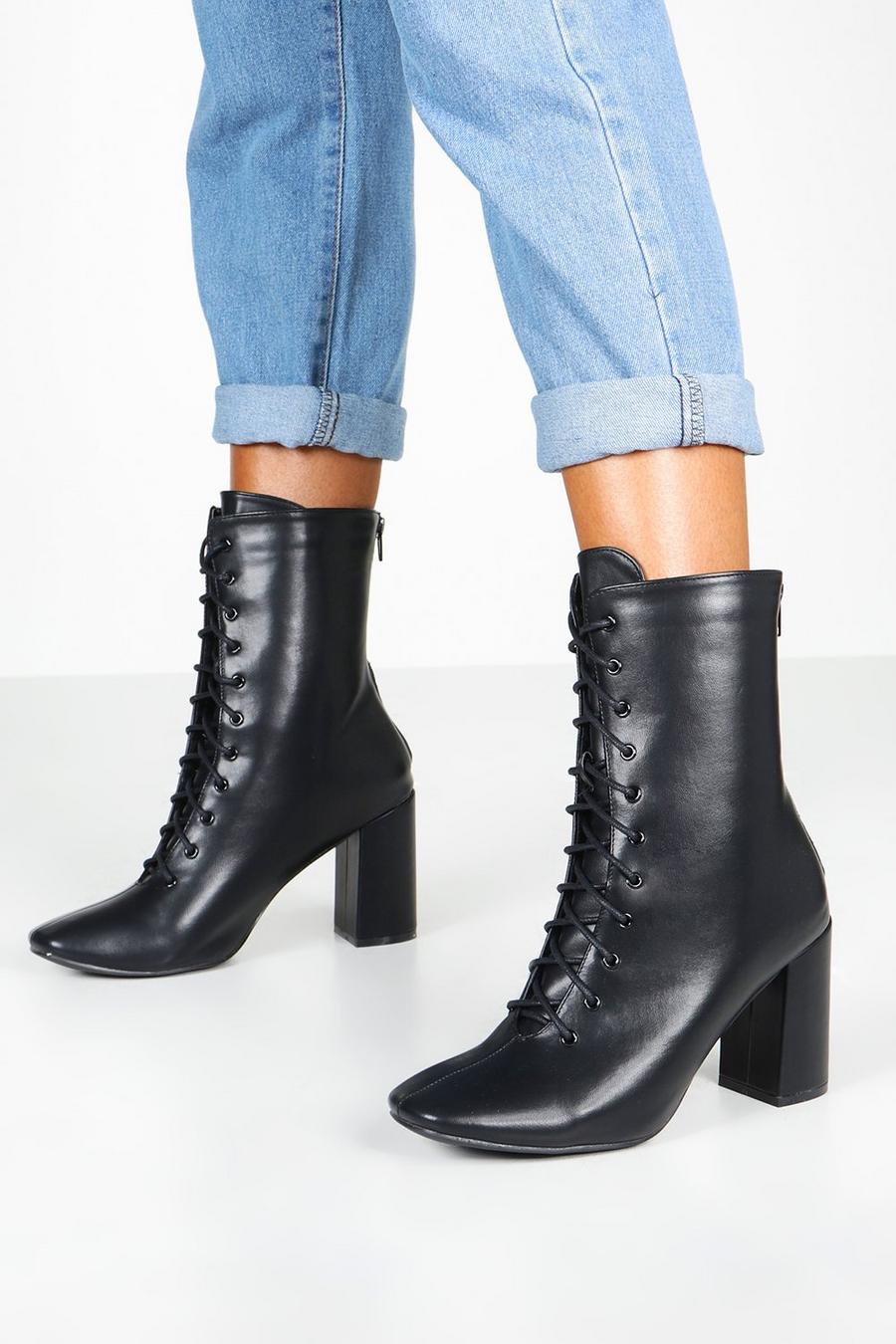Black noir Lace Front Block Heel Shoe Boots image number 1