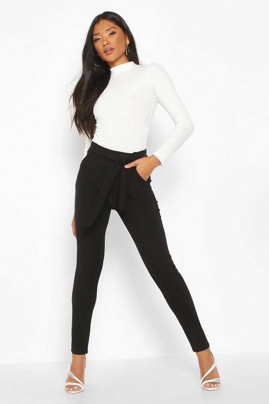 Black Tapered Leg Pants With Tie Belt And Pocket image number 1