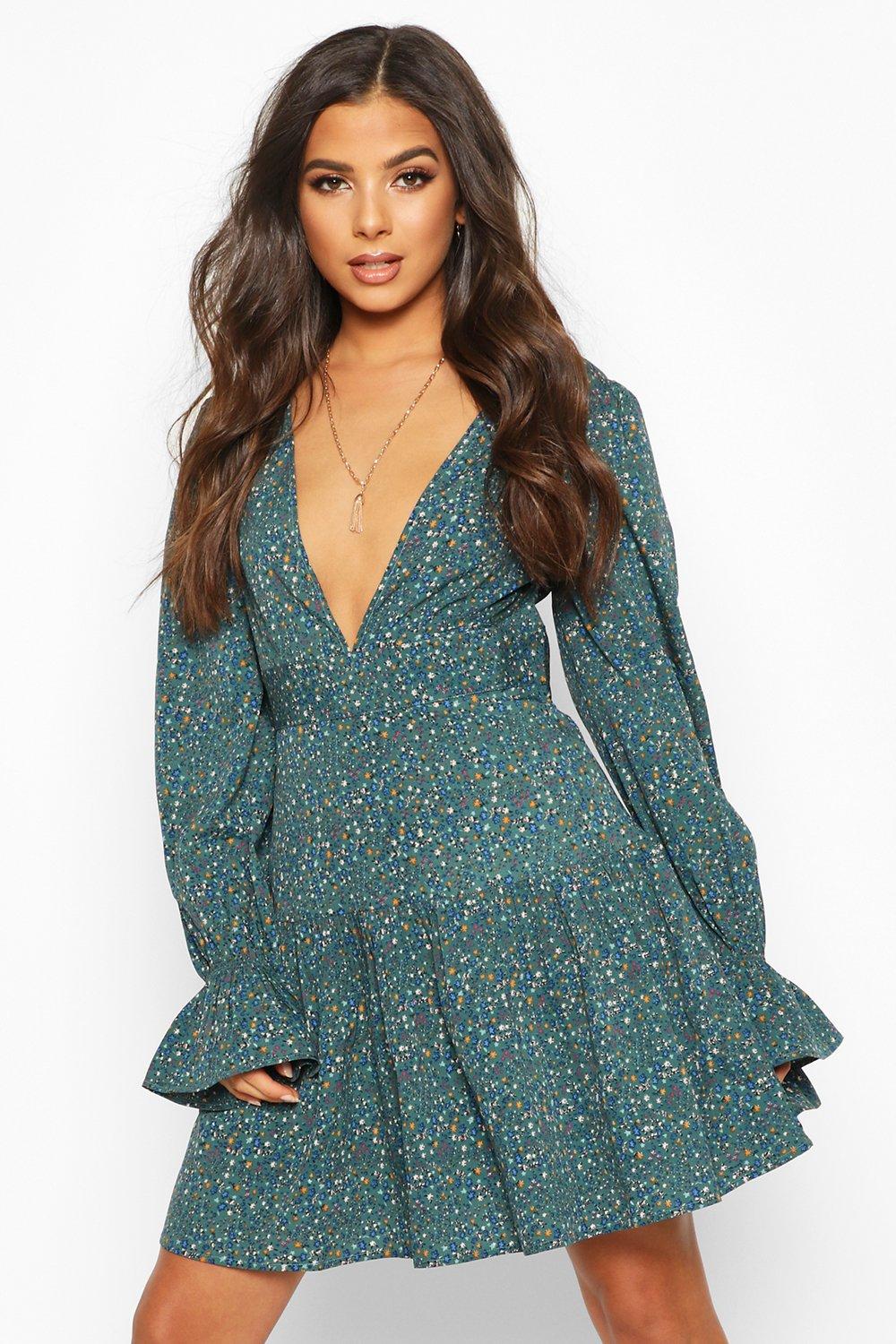 boohoo off shoulder skater dress in green ditsy floral