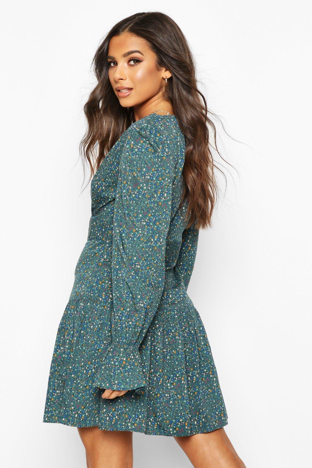 boohoo off shoulder skater dress in green ditsy floral