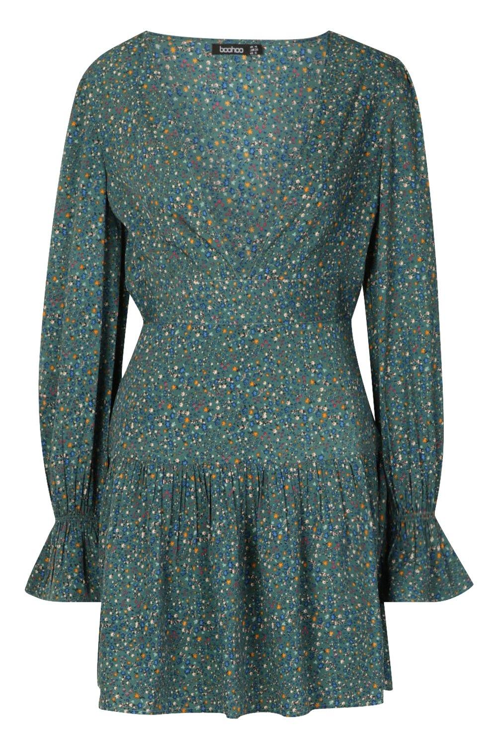 boohoo off shoulder skater dress in green ditsy floral