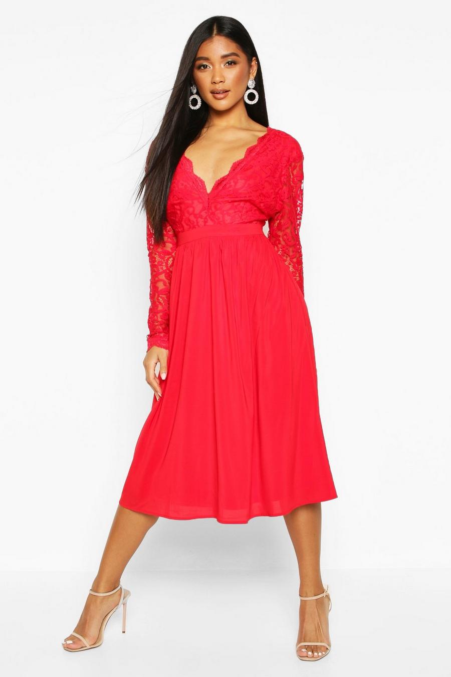 Berry Lace Top Midi Skater Dress image number 1