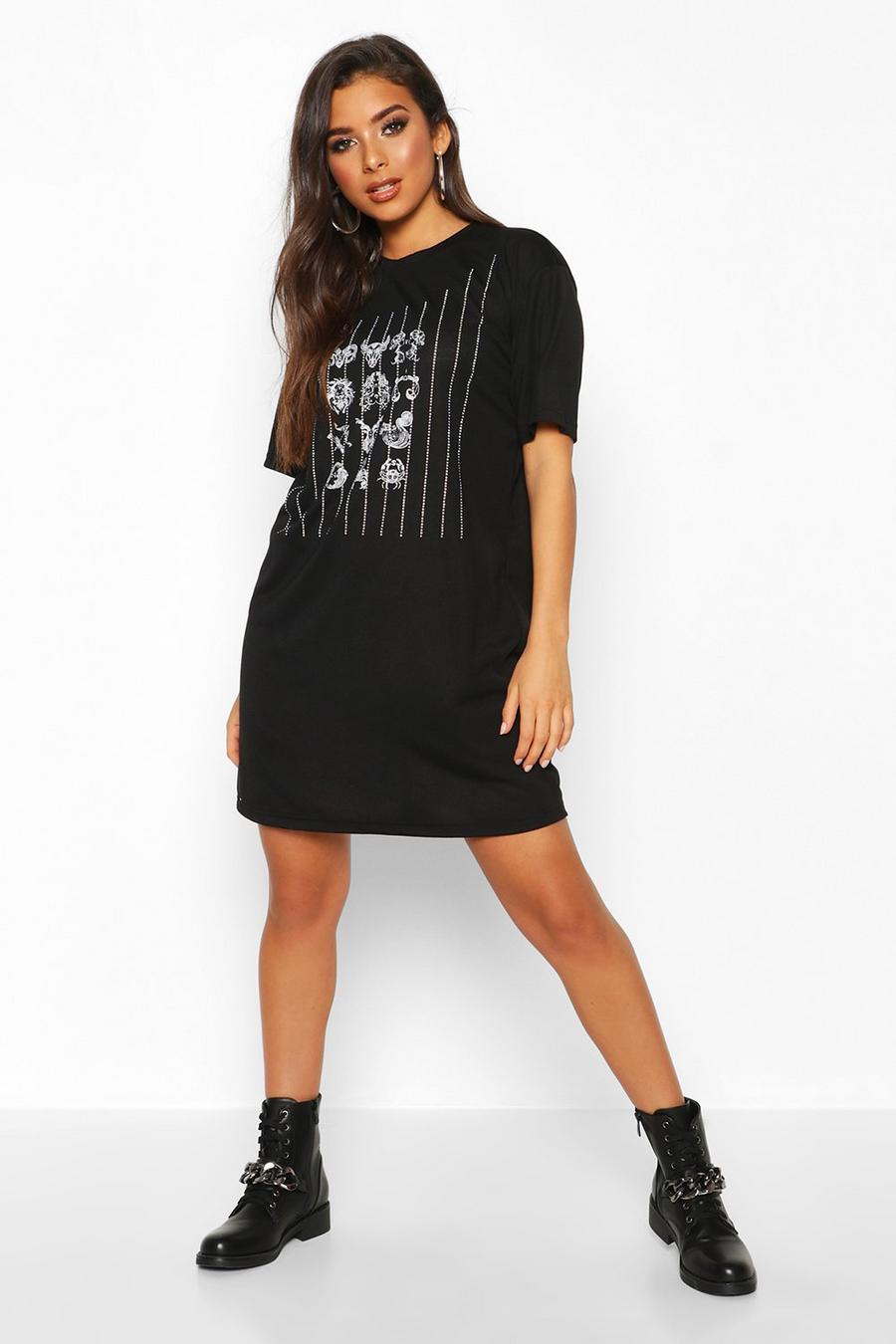 T-Shirt-Kleid mit Strasssteinen und Overlay-Print image number 1