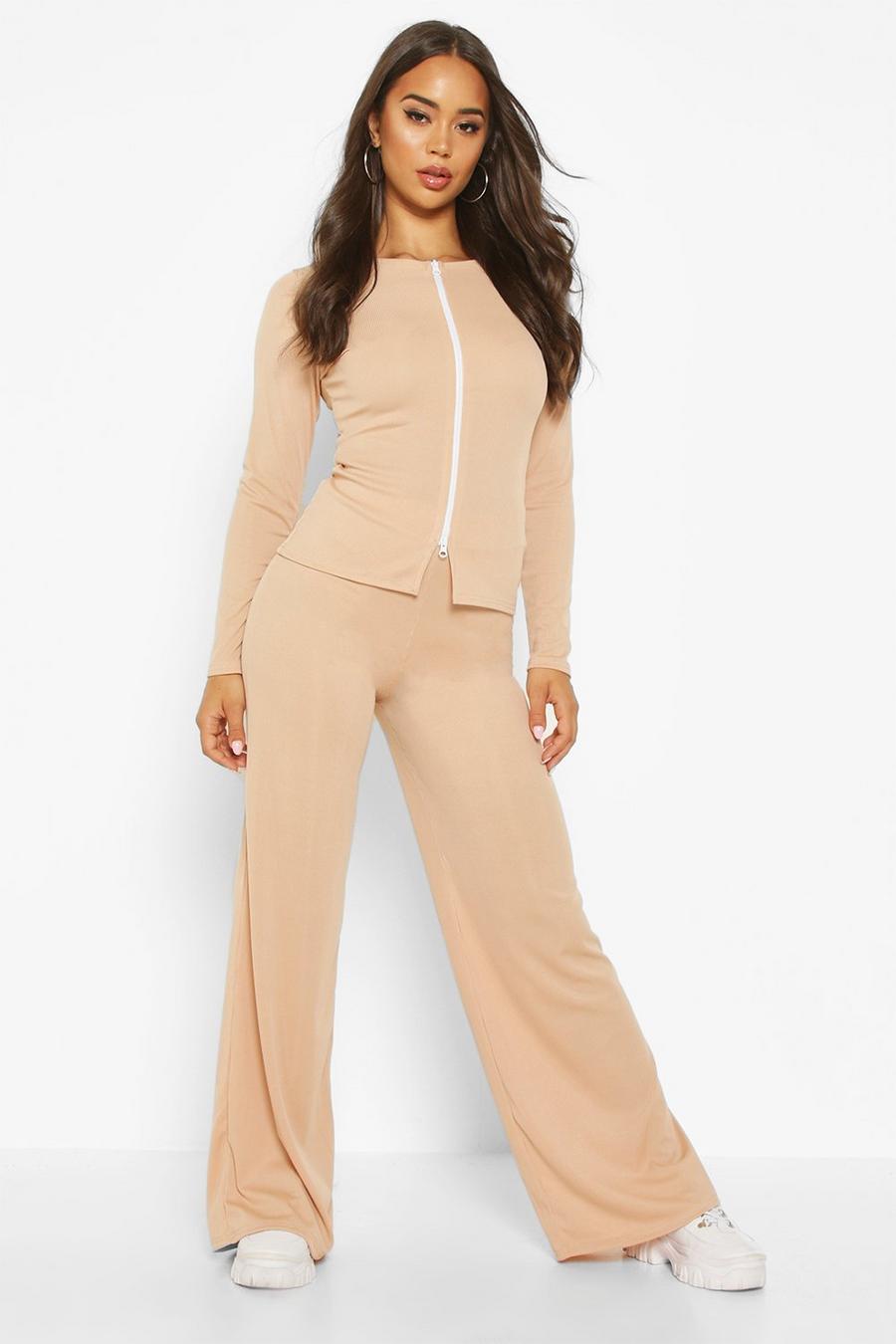 Double Zip Front Rib Top & Wide Belt Pants Co-Ord image number 1