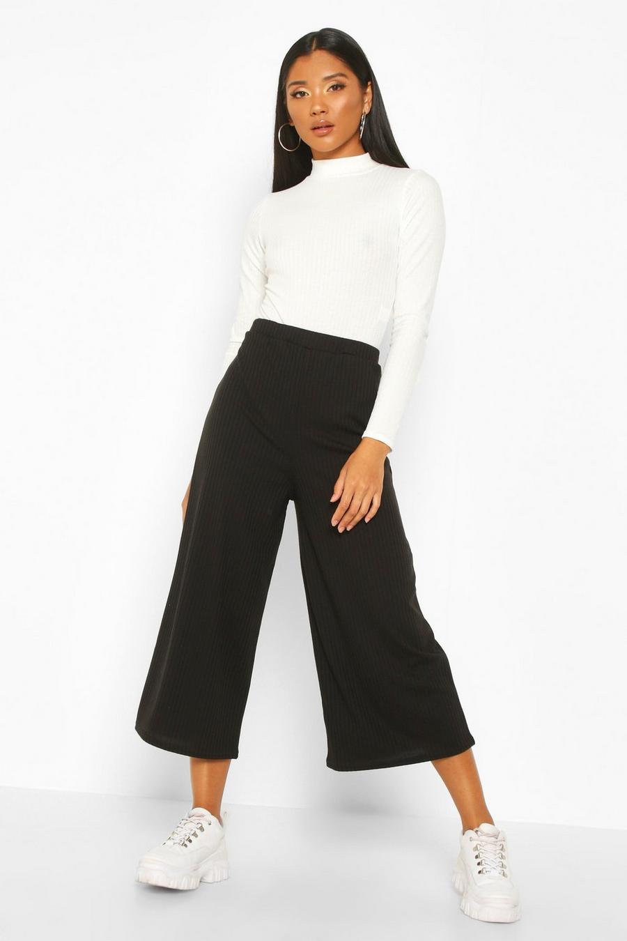 Black High Waisted Soft Rib Culotte Trousers image number 1