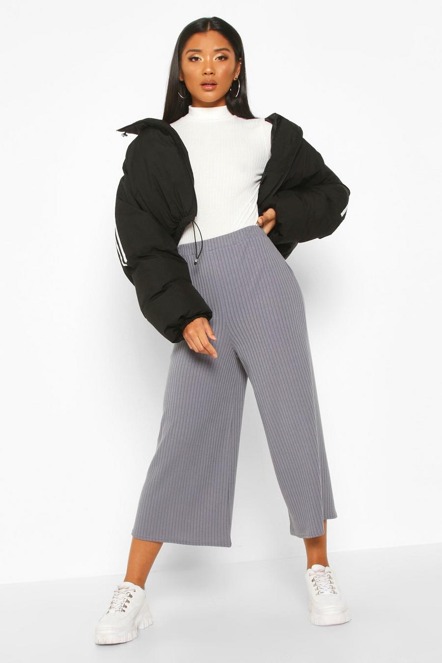 Blue High Waisted Soft Rib Culotte Pants image number 1