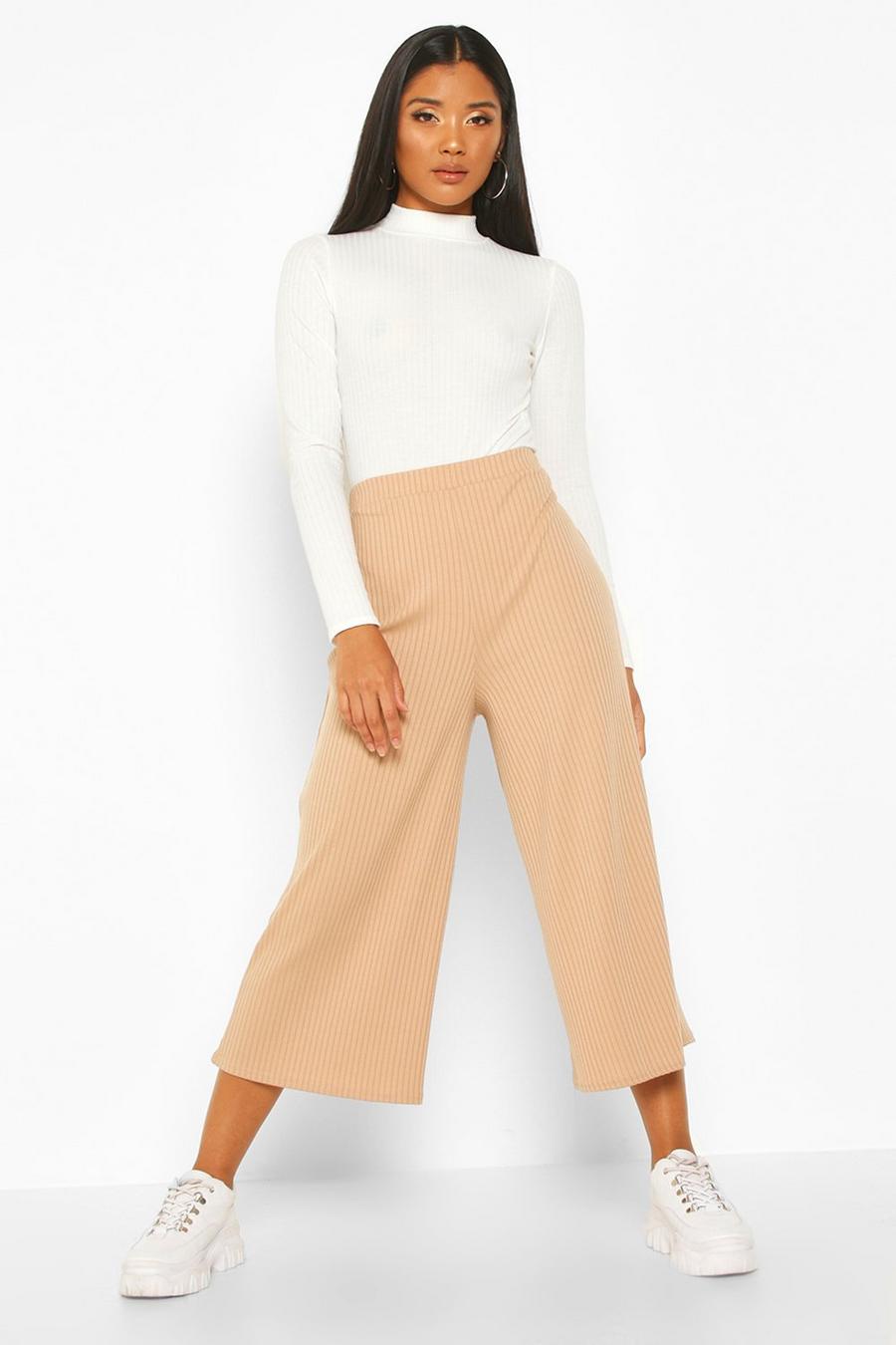 Taupe High Waisted Soft Rib Culotte Trousers image number 1