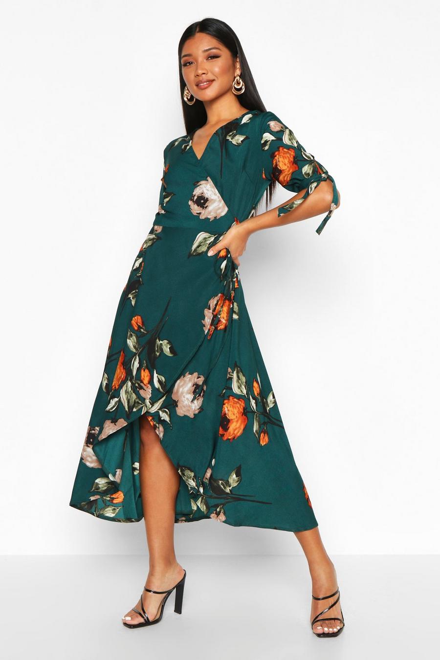 Floral Print Wrap Tie Sleeve Midi Dress image number 1