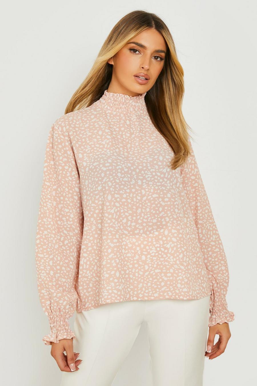 Hochgeschlossene transparente Bluse mit Print, Pink image number 1
