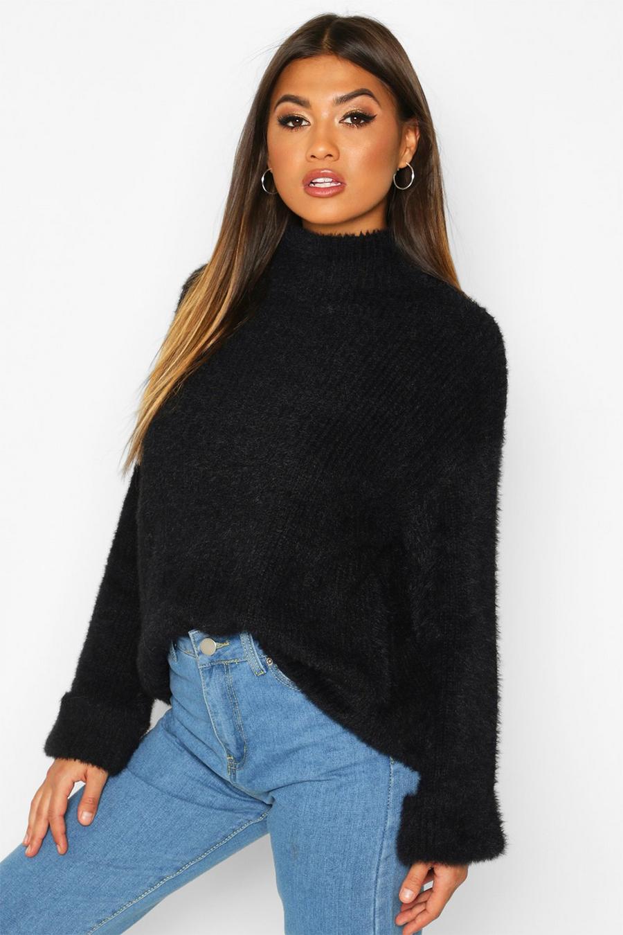 Black Turn Up Cuff High Neck Fluffy Sweater image number 1
